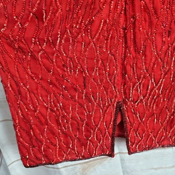 Vintage Laurence Kazar Dress Women Large Red Sequin 80s Beaded Silk Evening Glam - Picture 11 of 13